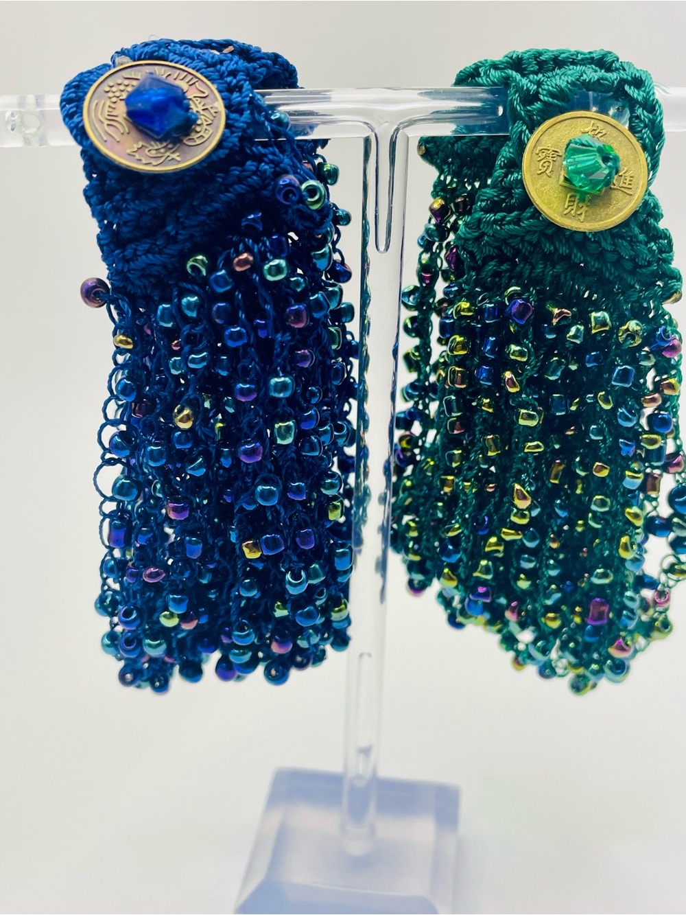2 Handmade Seed Bead Multi Strand Crochet Bracelets- Blue and Green. 8 inches